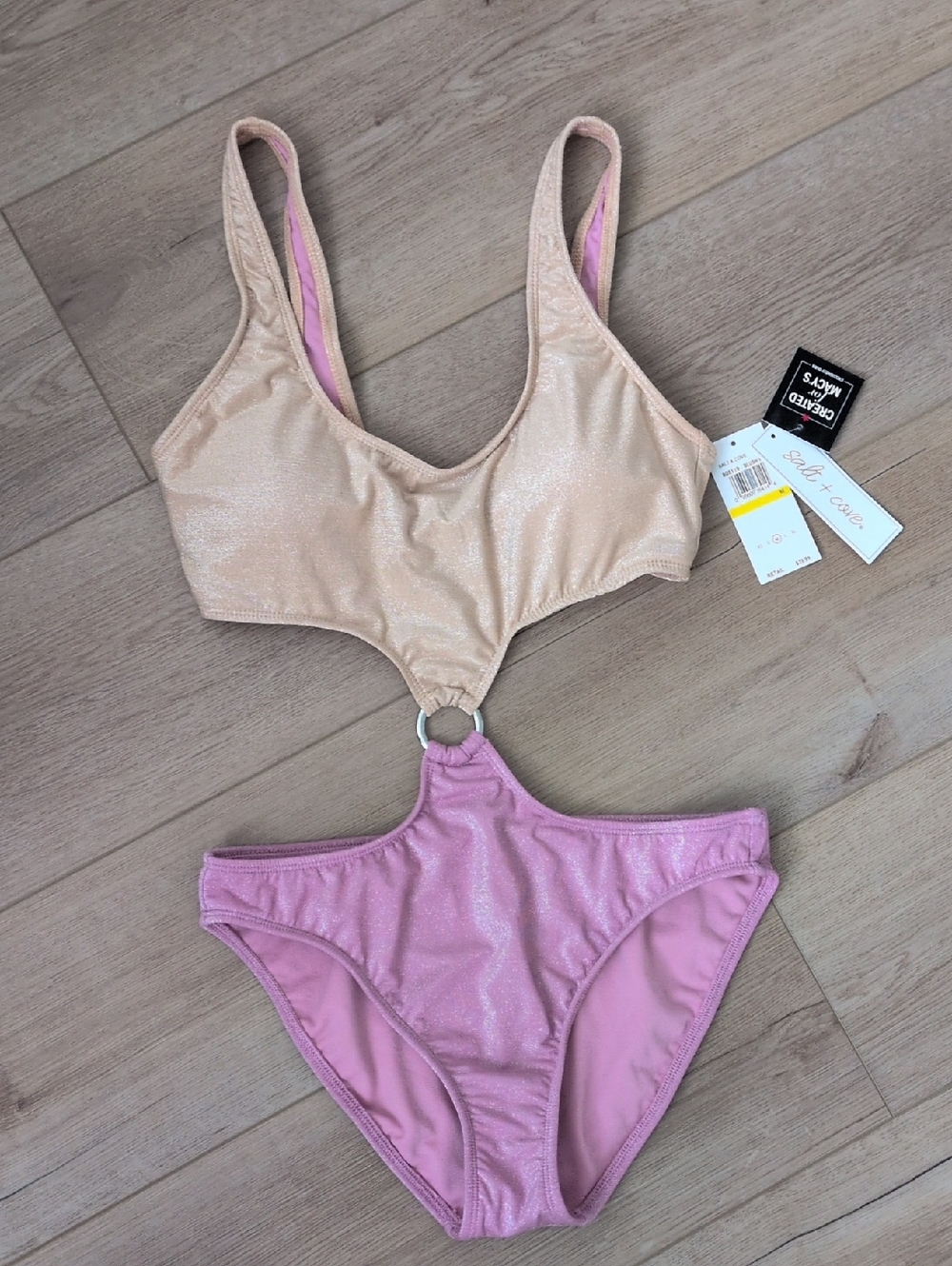 Salt + Cove Shimmery Blush & Pink Ring-Front Bikini Top